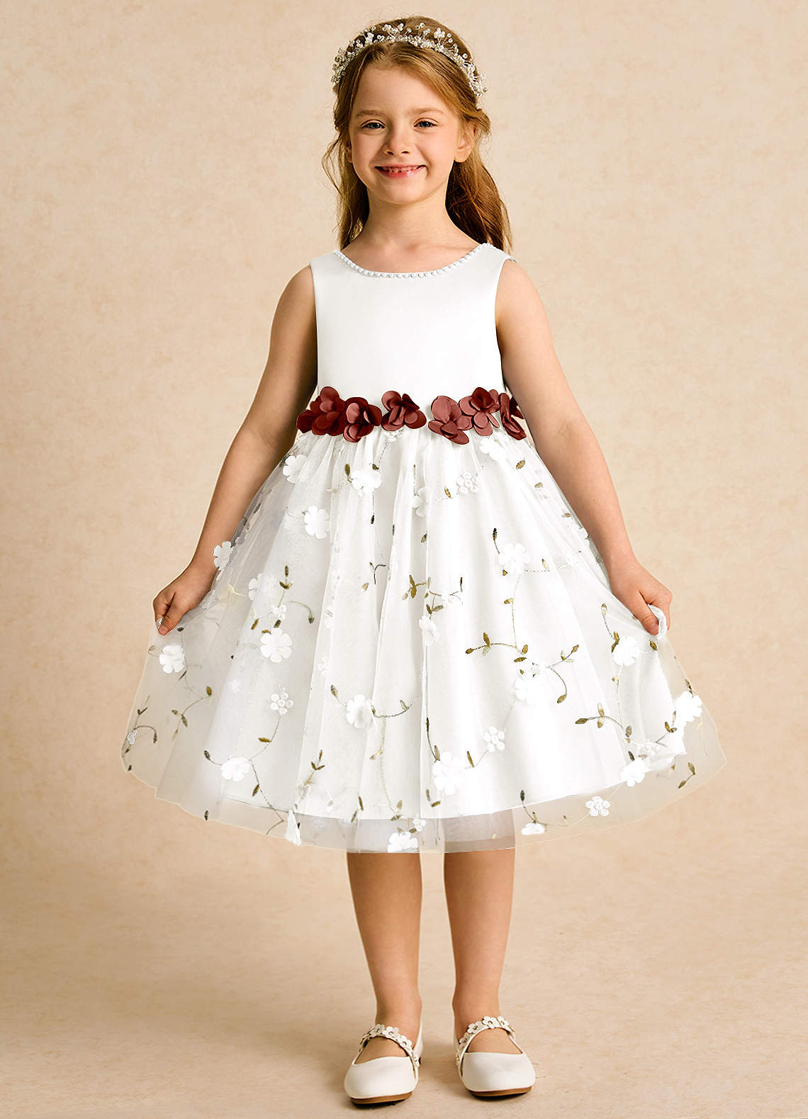 Azazie Starri Flower Girl Dresses Ivory Auburn Ball-Gown Beaded Matte Satin Dress image1
