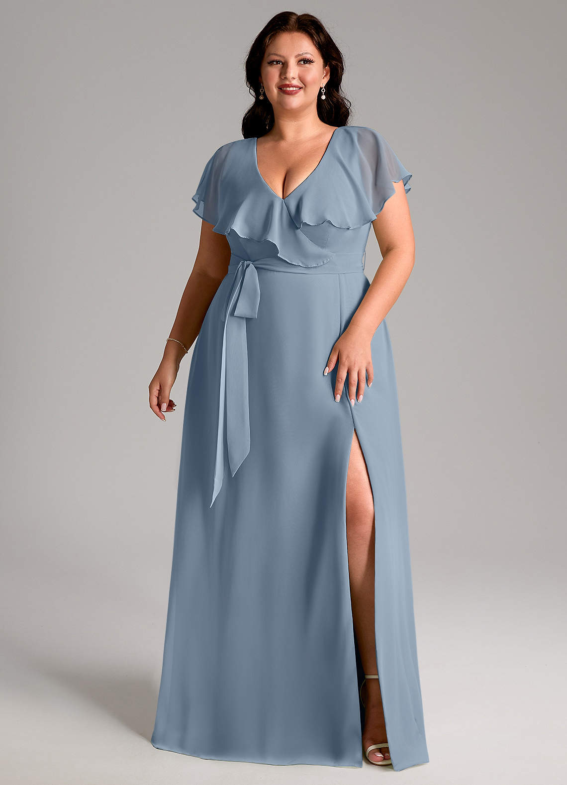 Azazie Lainey At-home Try On Dresses Dusty Blue A-Line with Pockets Chiffon Dress image9