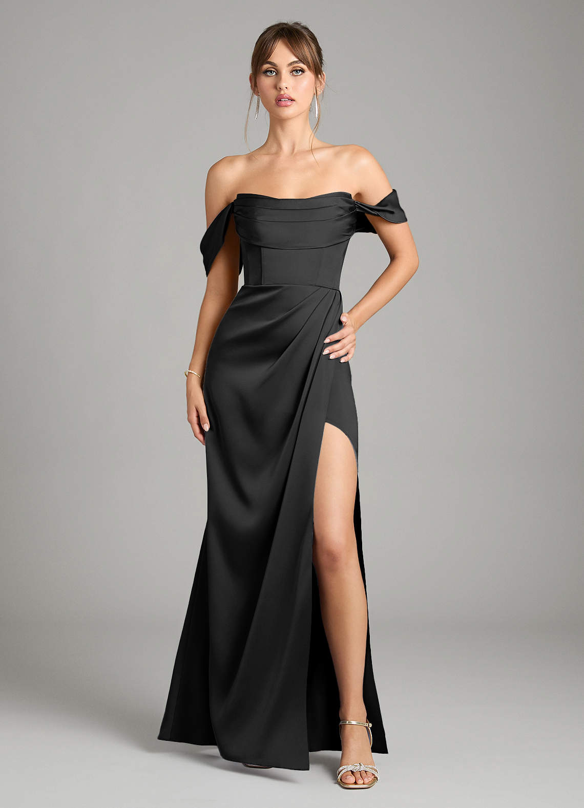 Azazie Johana Bridesmaid Dresses Black Mermaid Off the Shoulder Stretch Satin Convertible Dress image1