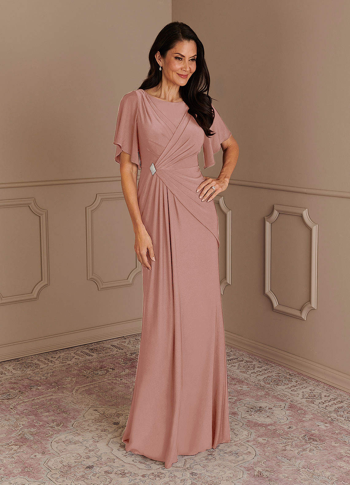 Azazie Louanne At-home Try On Dresses Dusty Rose Mermaid Boatneck Pleated Luxe Knit Dress image1