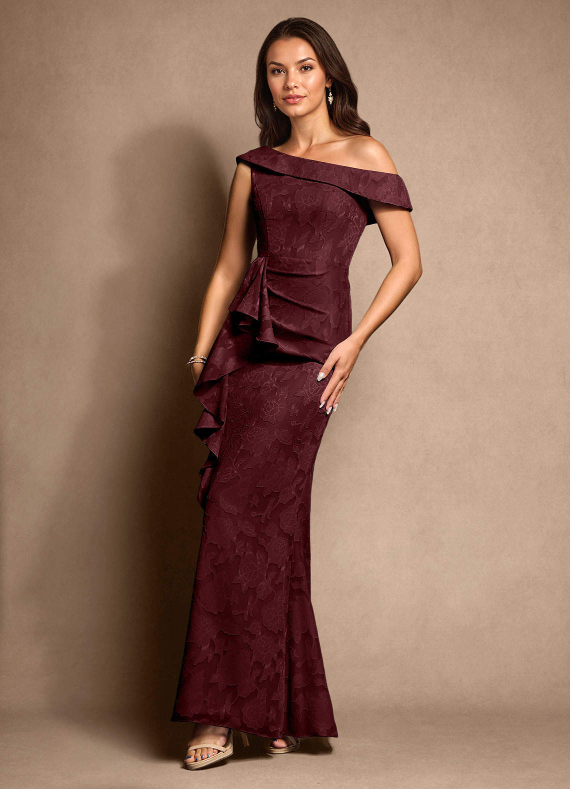 Azazie Hamptons vestidos de madre de la novia Vestido de Cabernet de Devorado Floral de Corte En A con Plisado image4