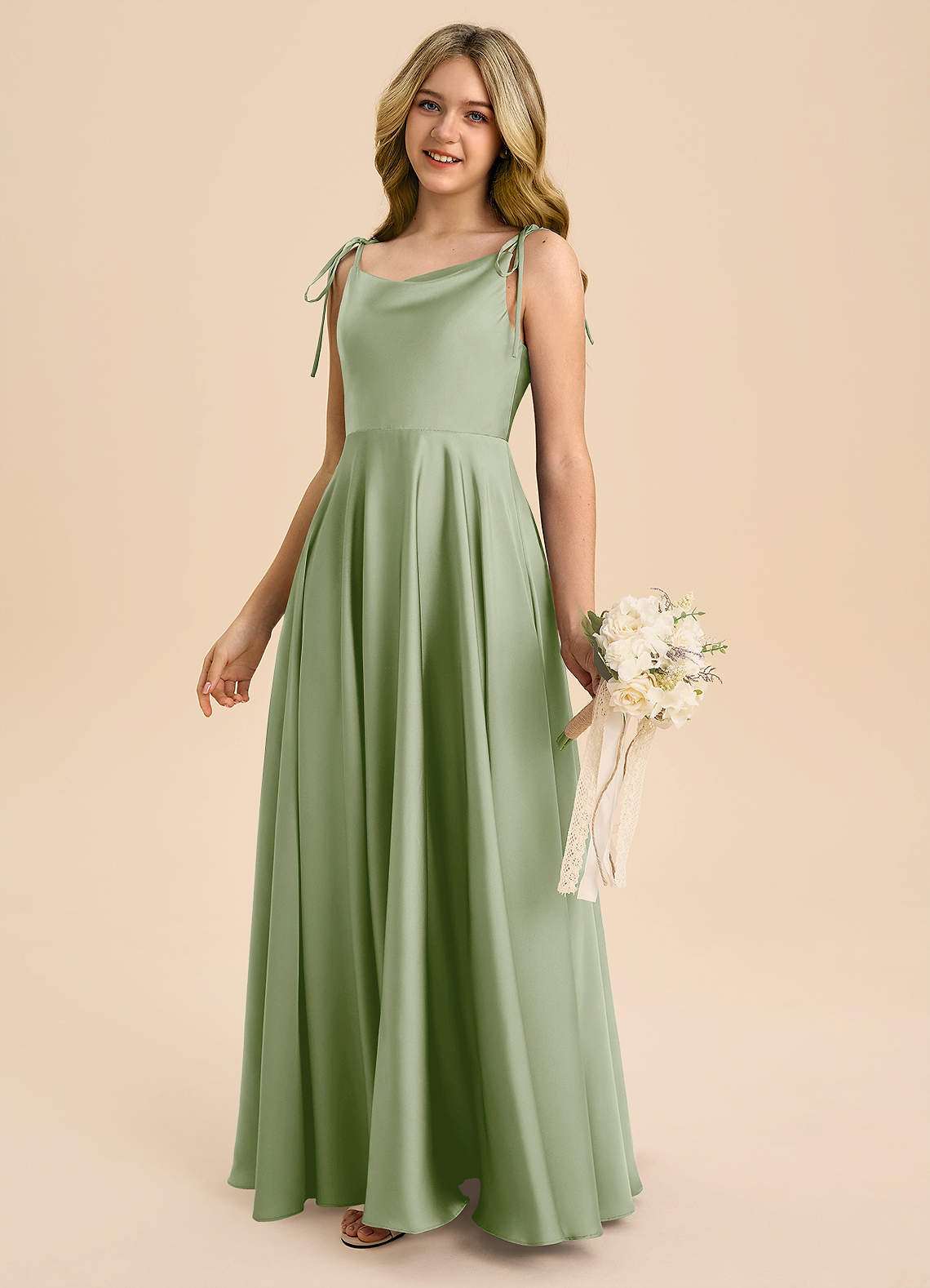 Azazie Popsy Junior Linia A Ukłon Satyna elastyczna Długość podłogi Młodsza druhna Sukienka image6