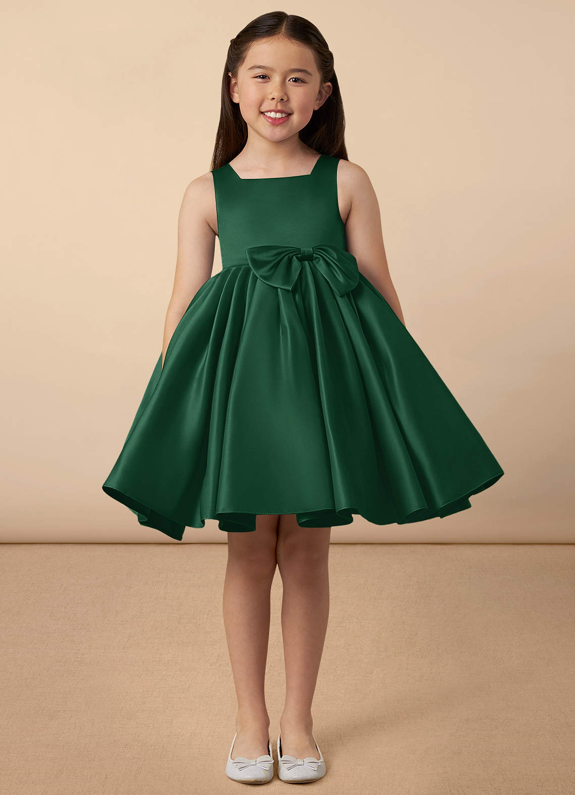 Azazie Bo Peep Dark Green A-Line Bow Matte Satin Dress Azazie