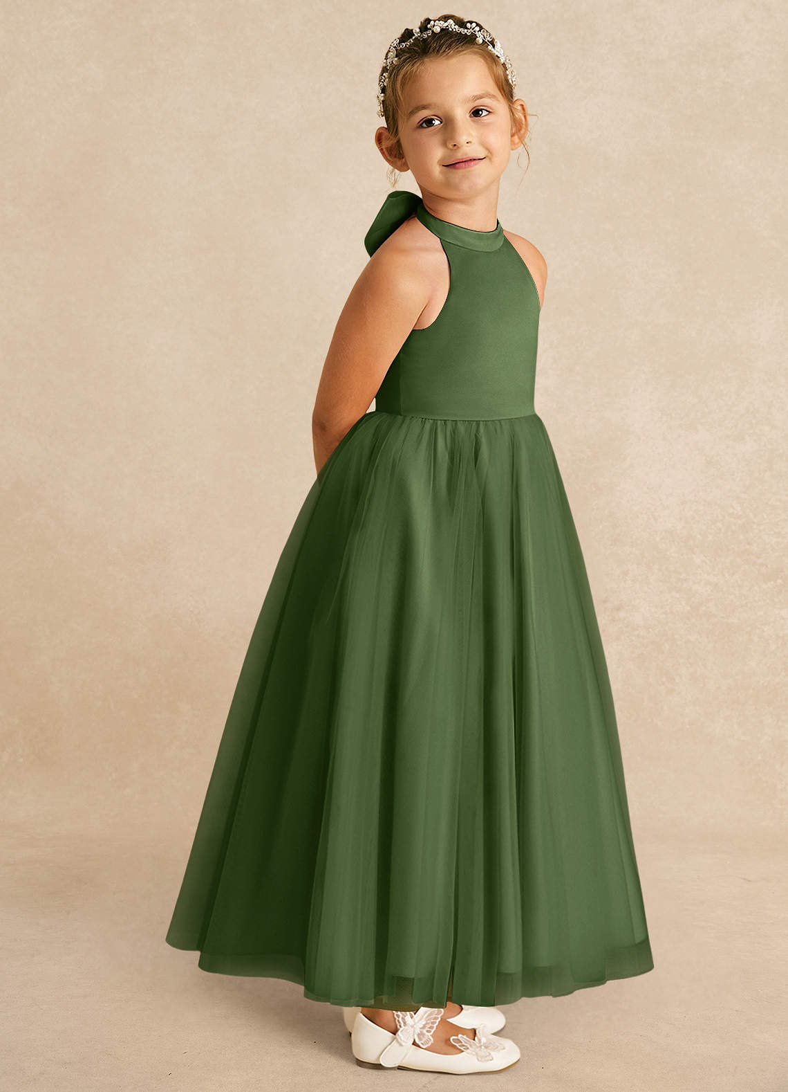 Azazie Bev Flower Girl Dresses Olive A-Line Convertible Tulle Dress image7