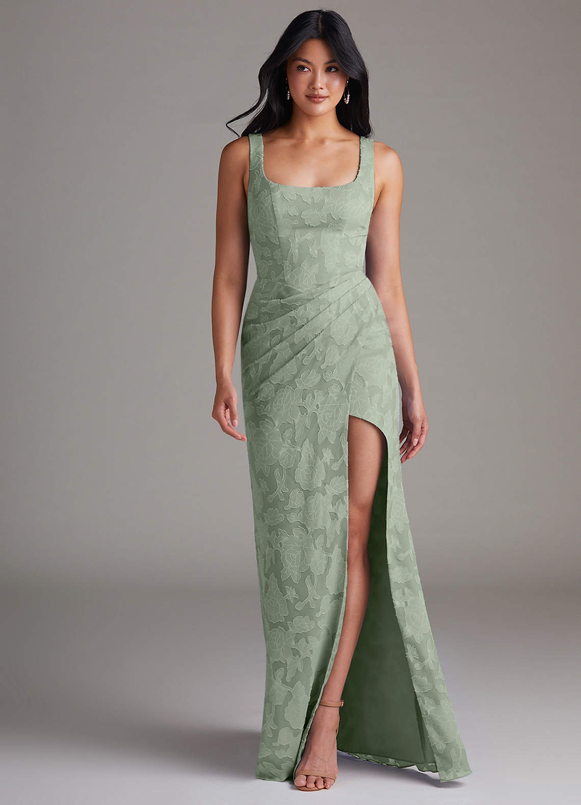 Azazie Mero Bridesmaid Dresses Agave Sheath Pleated Floral Burnout Dress image3