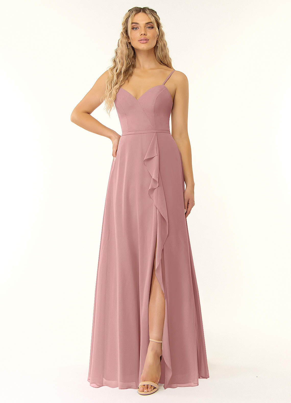 Azazie Naeem Bridesmaid Dresses Dusty Rose A-Line V-Neck Ruffle Chiffon Dress image1