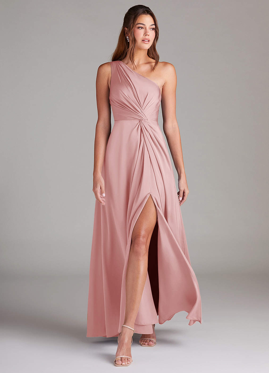 Azazie Brooke Bridesmaid Dresses Powder Pink A-Line One Shoulder Stretch Satin Dress image3