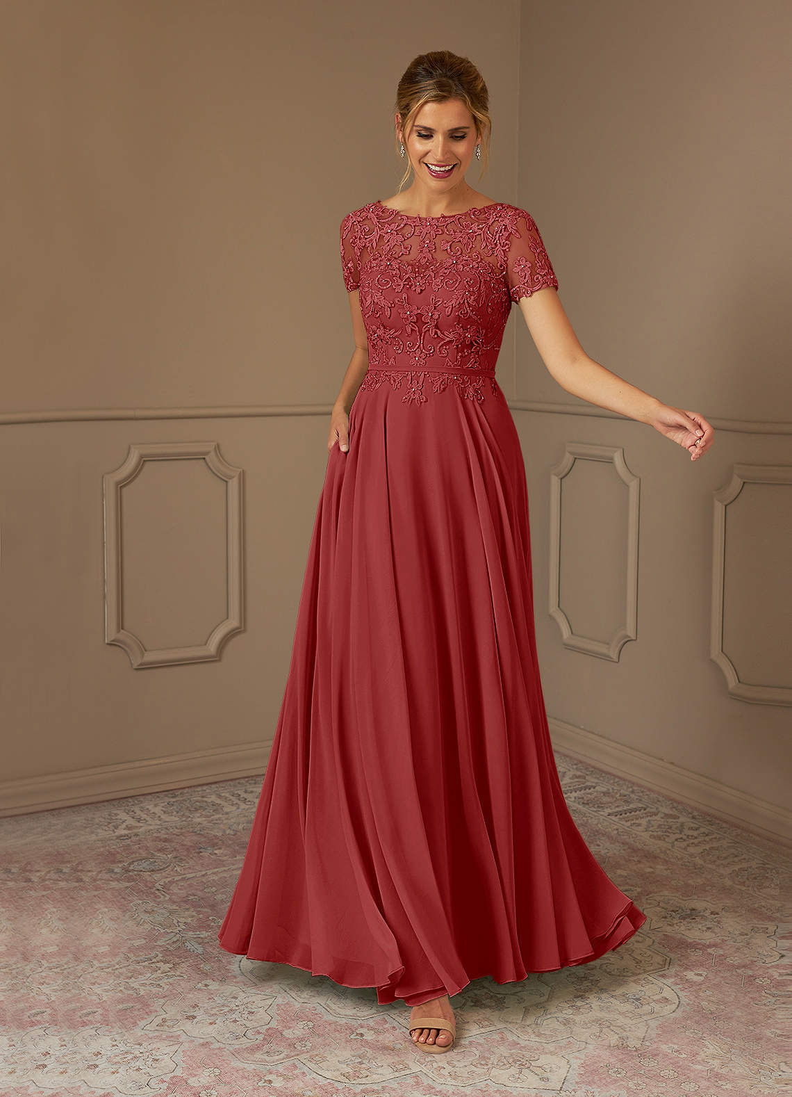 Azazie Adina Mother of the Bride Dresses Rust A-Line Boatneck Sequins Chiffon Dress image1