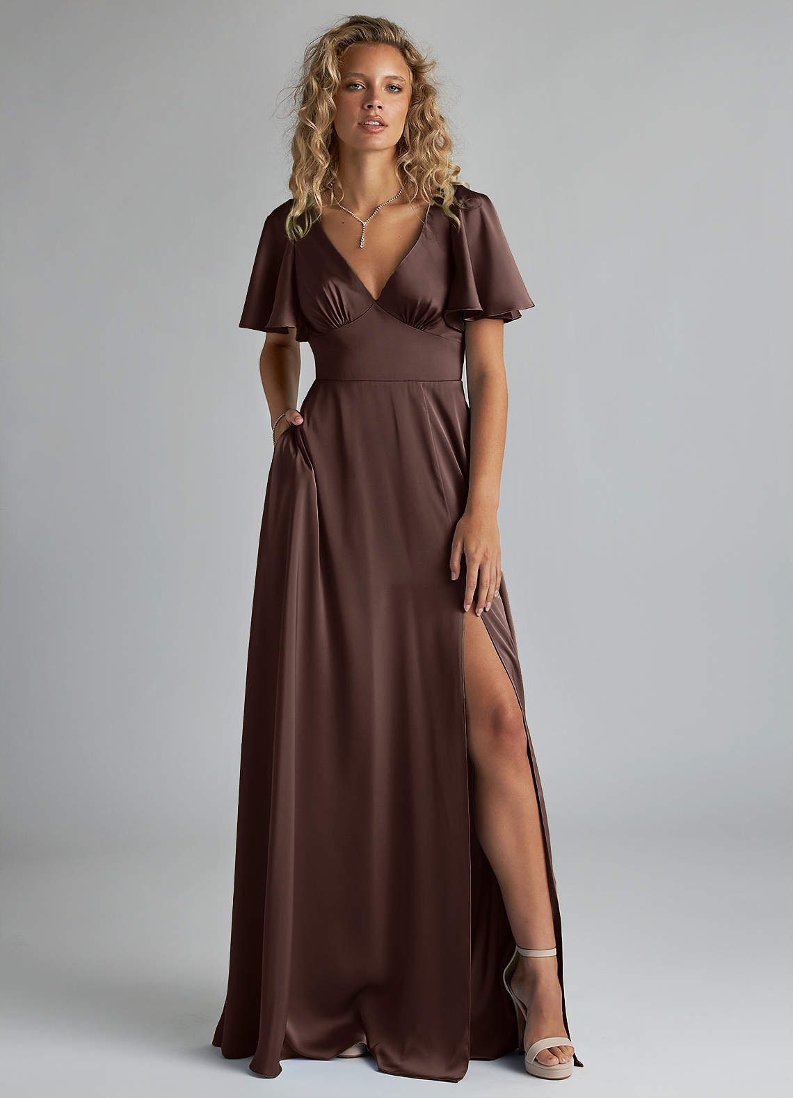 Azazie Kimber Bridesmaid Dresses Ganache A-Line Ruched Stretch Satin Dress image1