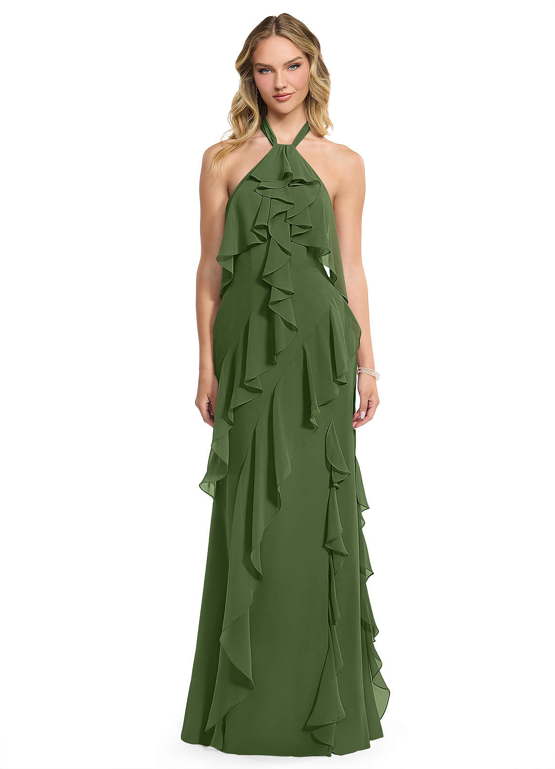 Azazie Velma Bridesmaid Dresses Olive A-Line Side Slit Chiffon Dress image1
