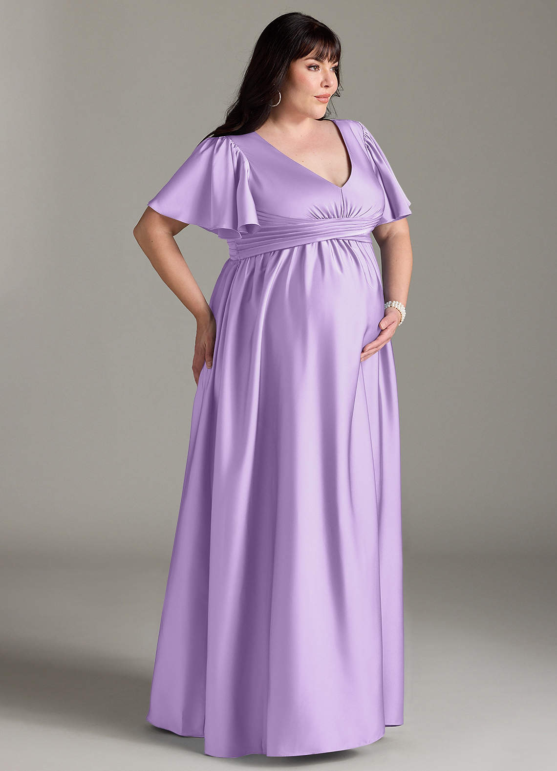 Azazie Verna vestidos de dama de honor de maternidad Vestido de Corte en A Volante Hasta el suelo Satén Elástico image11