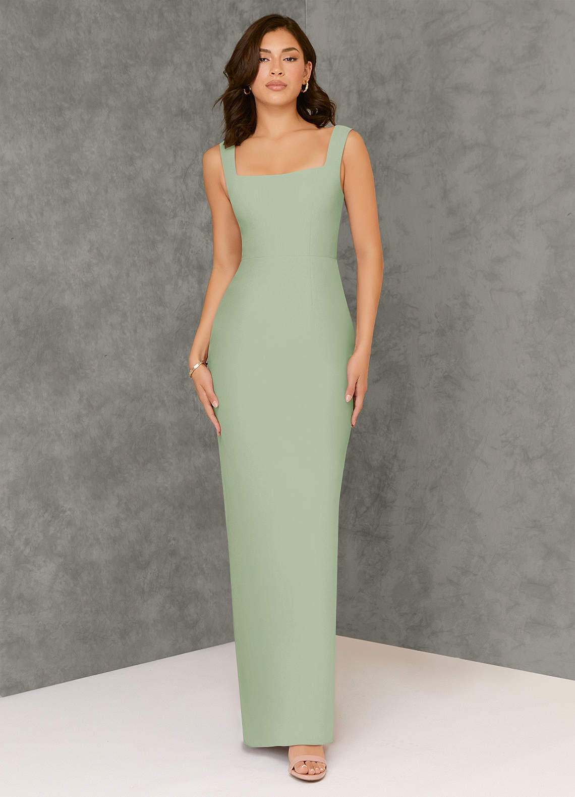 Azazie Flori Bridesmaid Dresses Dusty Sage Sheath Square Neckline Chiffon Dress image1