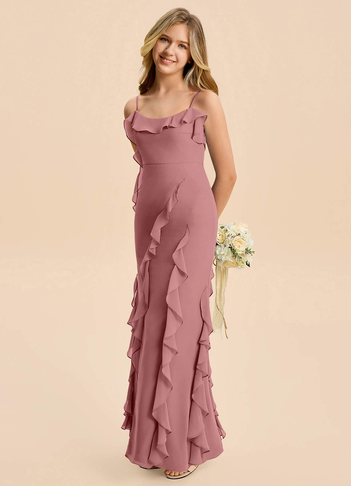 Azazie Phoebe Junior Skede Ruchede Chiffon Gulv-længde Junior brudepige Kjole image3