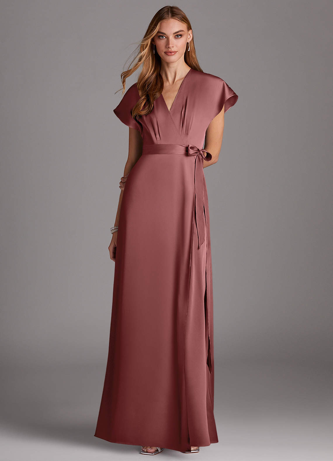Azazie Nico Bridesmaid Dresses Amethyst A-Line V-Neck Stretch Satin Dress image1