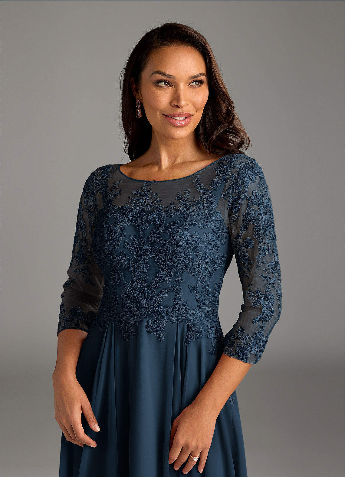 Azazie Marge Mother of the Bride Dresses Dark Navy A-Line Scoop Lace Chiffon Dress image4