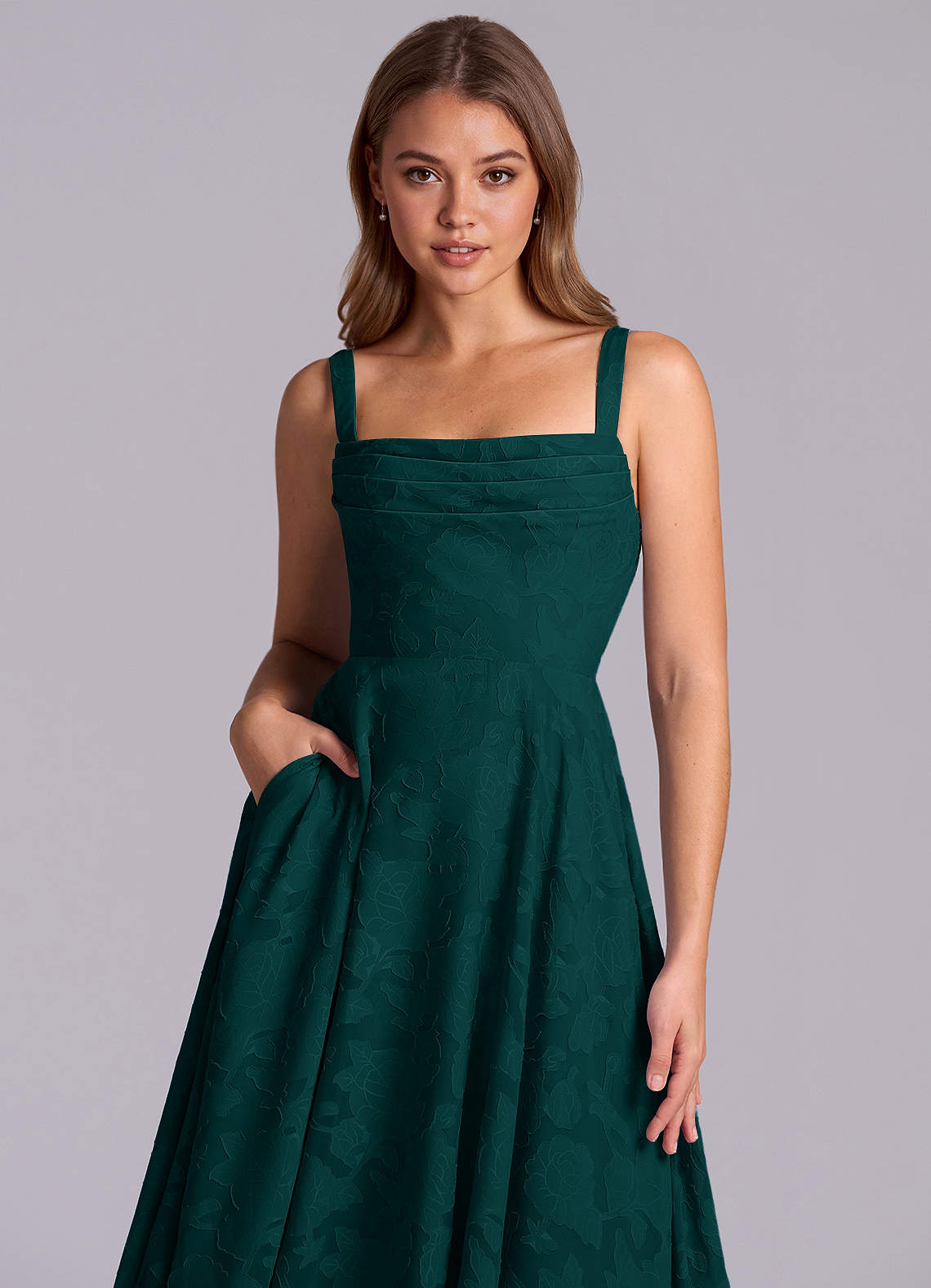 Azazie Shaude Bridesmaid Dresses Pine A-Line Pleated Floral Burnout Dress image2