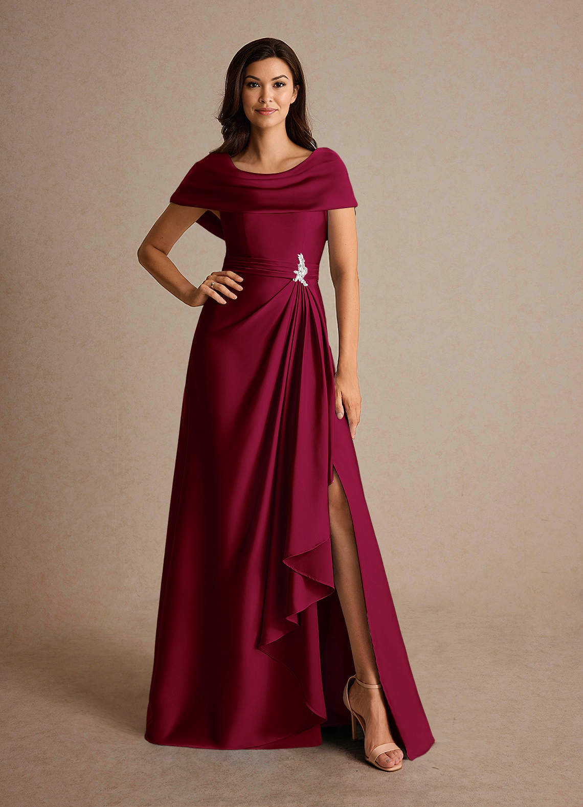 Azazie Branford Mother of the Bride Dresses Burgundy A-Line Pleated Stretch Satin Dress image4