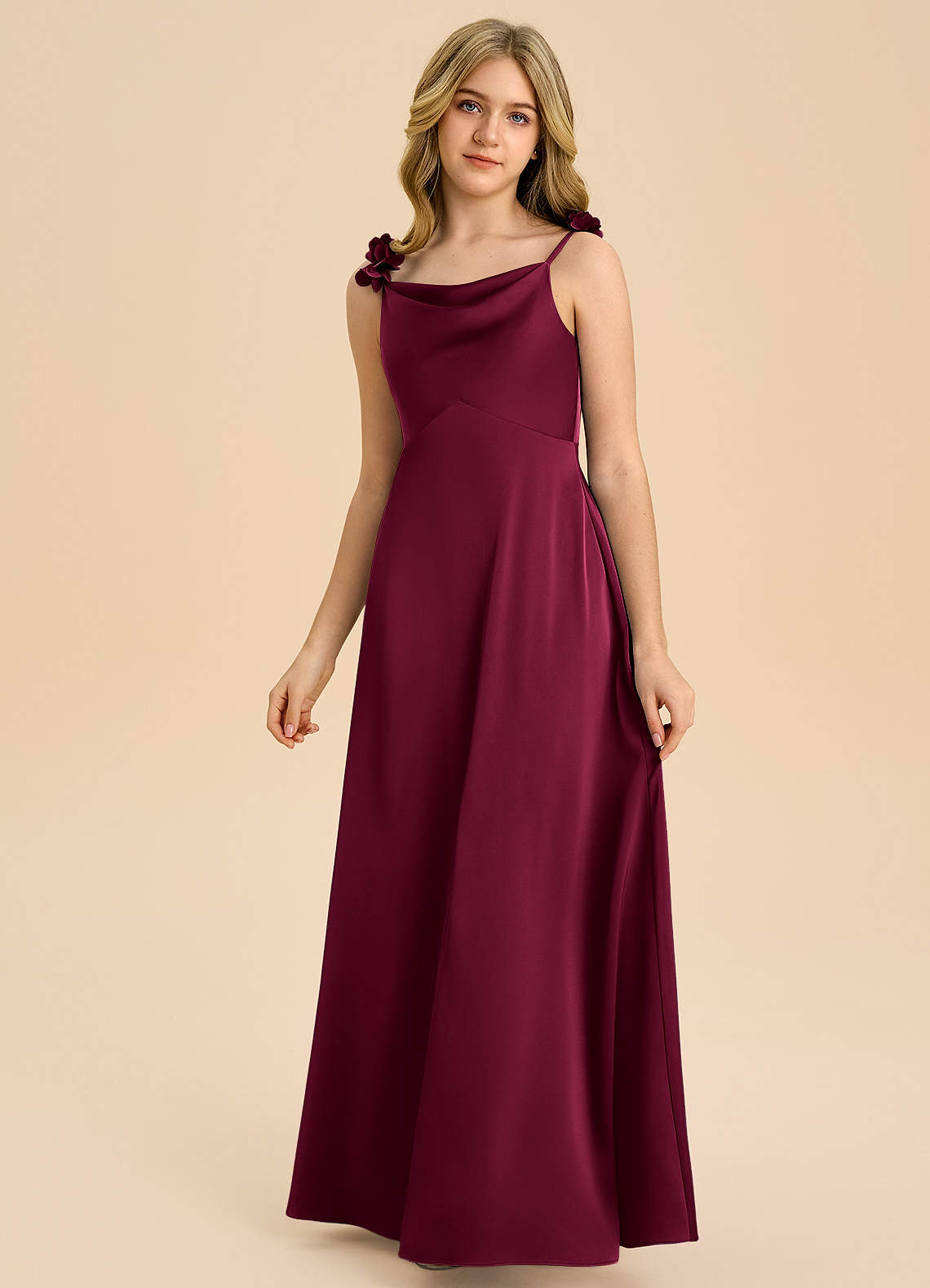 Azazie Gumdrop Junior Burgundy Empire Pleated Stretch Satin Dress image2