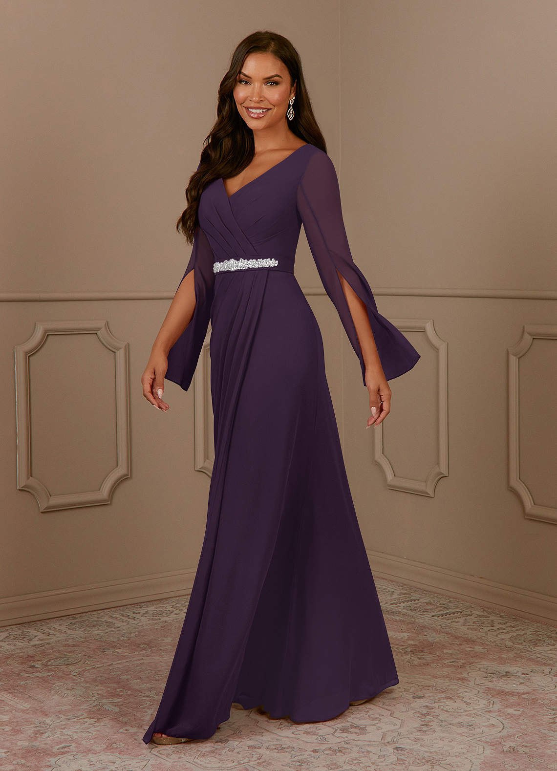 Azazie Belinda Plum A-Line V-Neck Pleated Chiffon Dress | Azazie