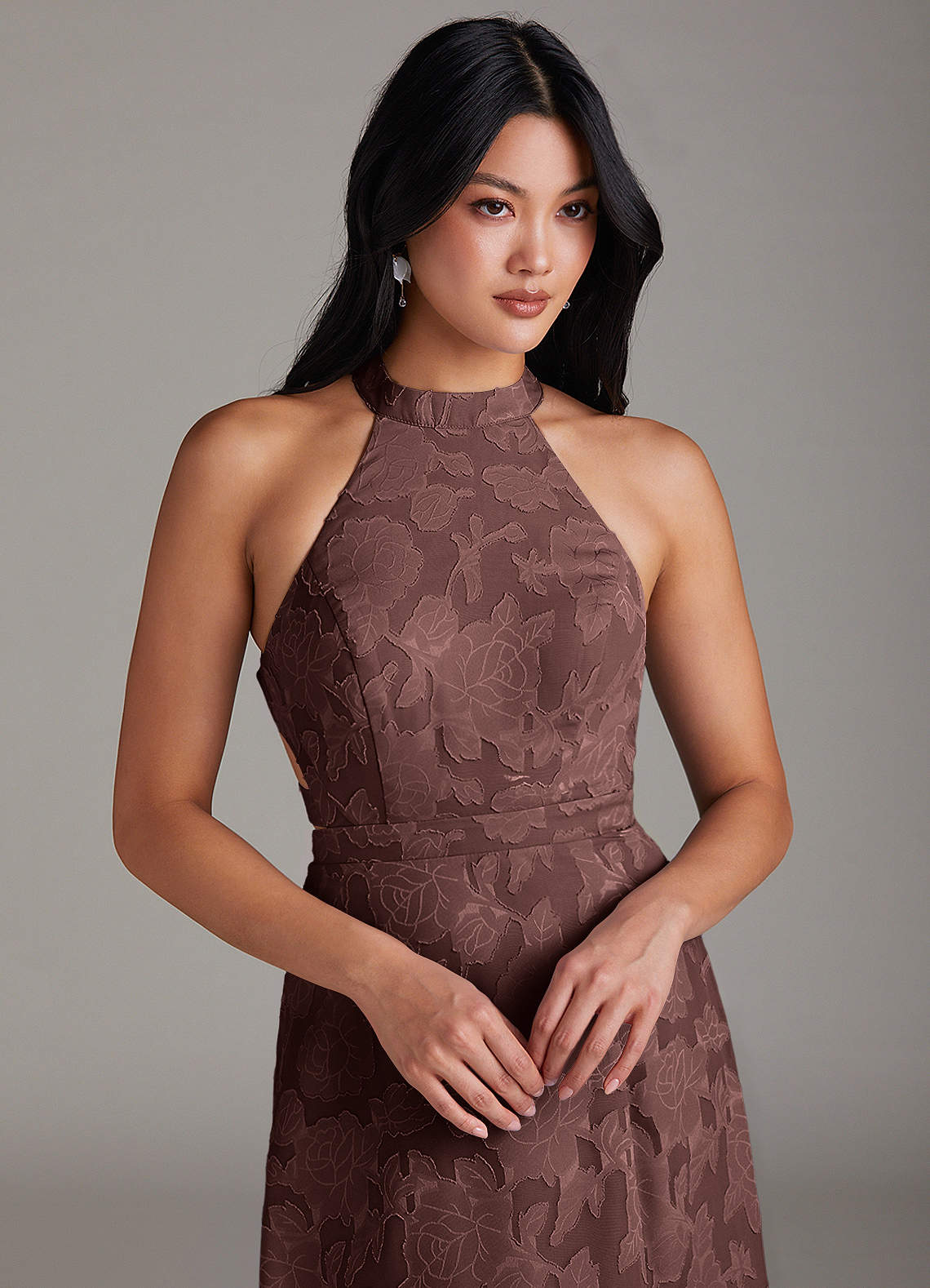 Azazie Clarice At-home Try On Dresses Butterscotch A-Line Side Slit Floral Burnout Dress image4