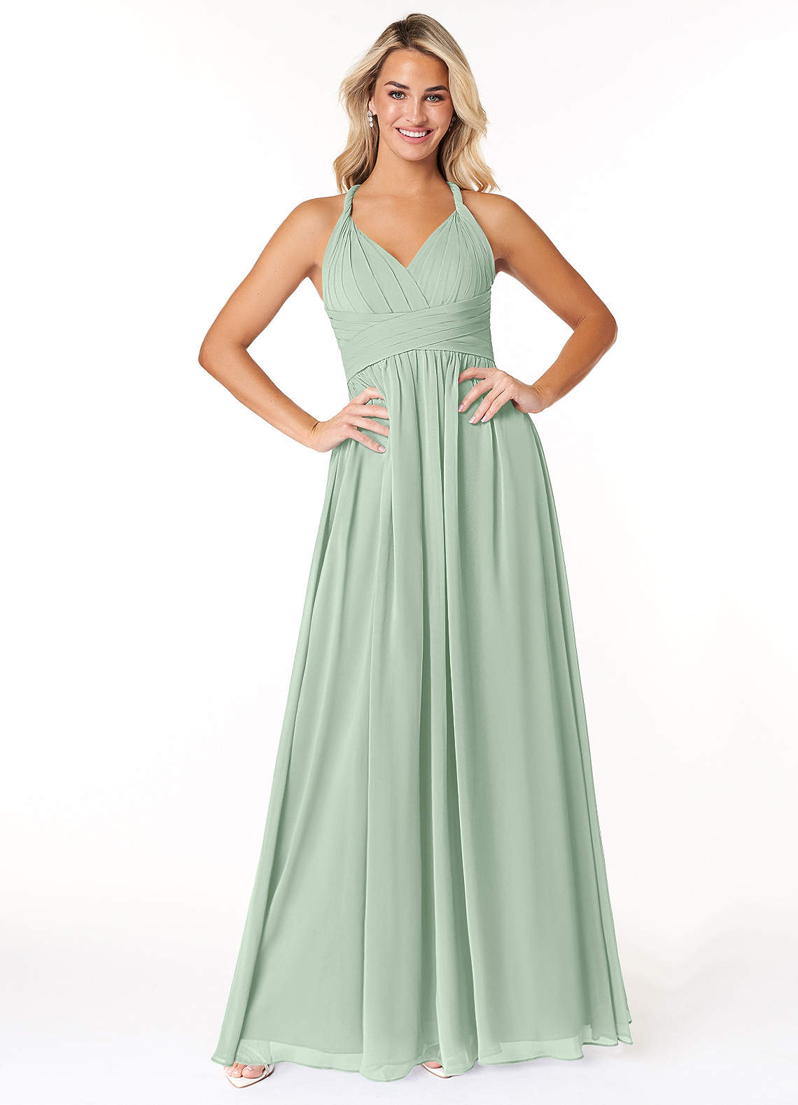 Azazie Ashia Bridesmaid Dresses Agave A-Line Pleated Chiffon Dress image1