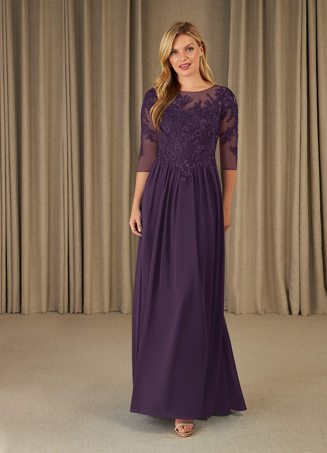 Azazie Mirielle Mother of the Bride Dresses Plum A-Line Scoop Lace Chiffon Dress image1