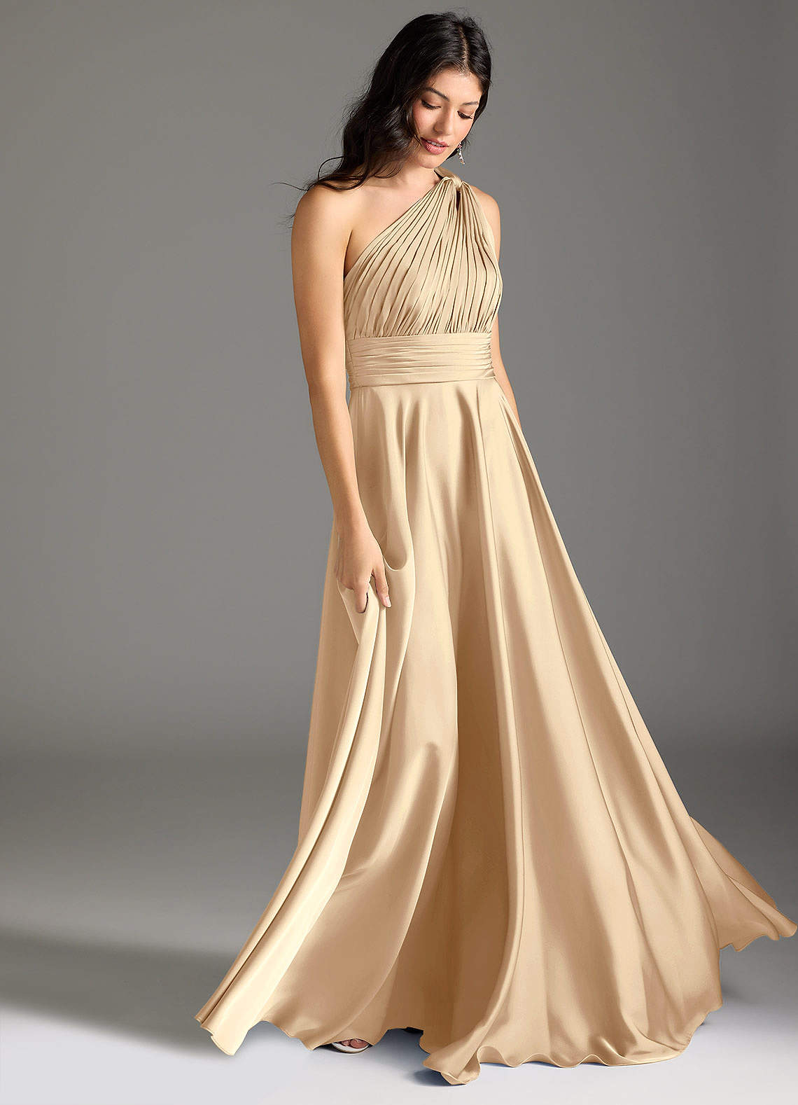 Azazie Charlize Bridesmaid Dresses Champagne A-Line One Shoulder Stretch Satin Dress image2