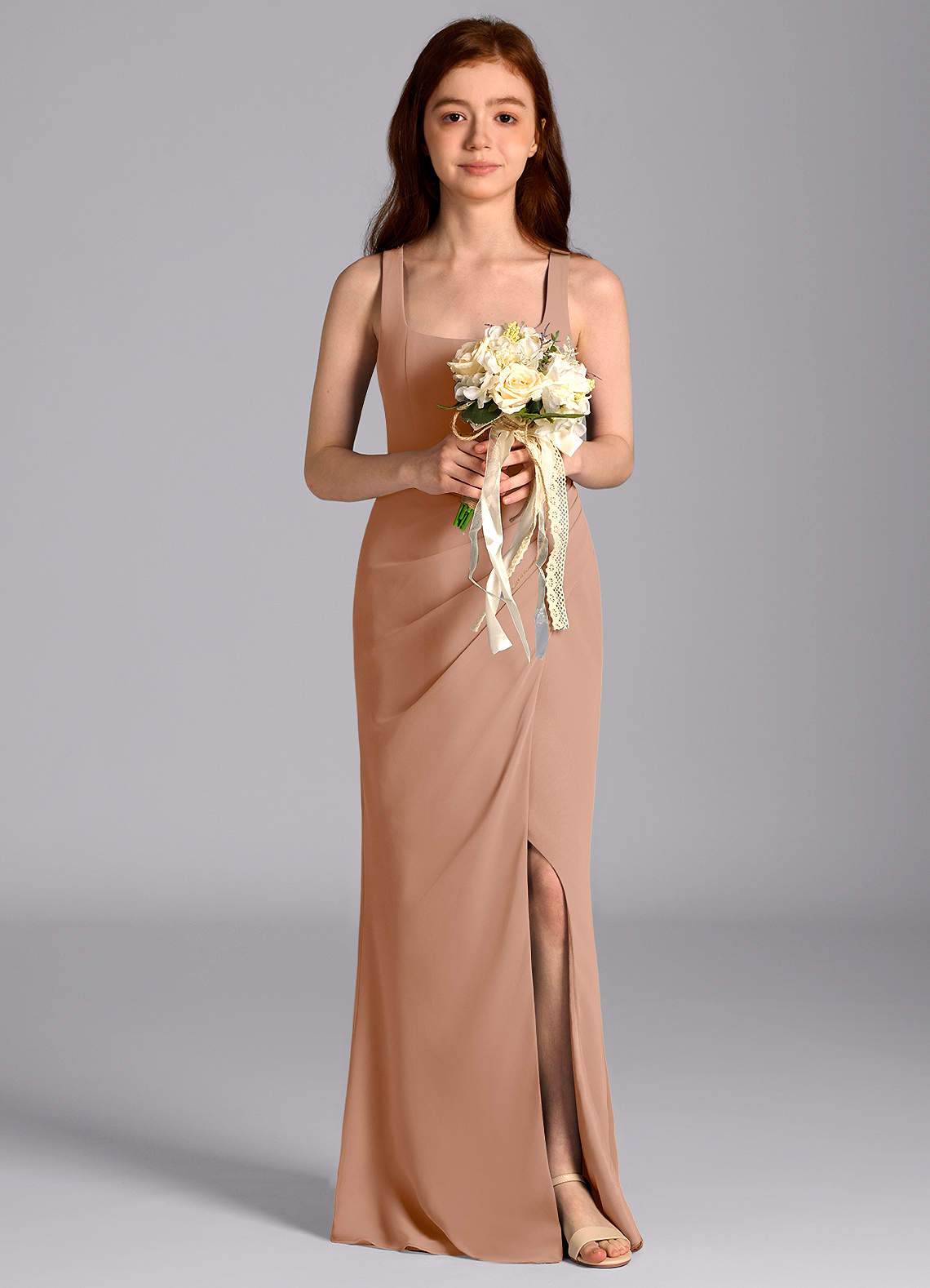 Azazie Mero Junior Champagne Rose Mermaid Pleated Chiffon Dress image1