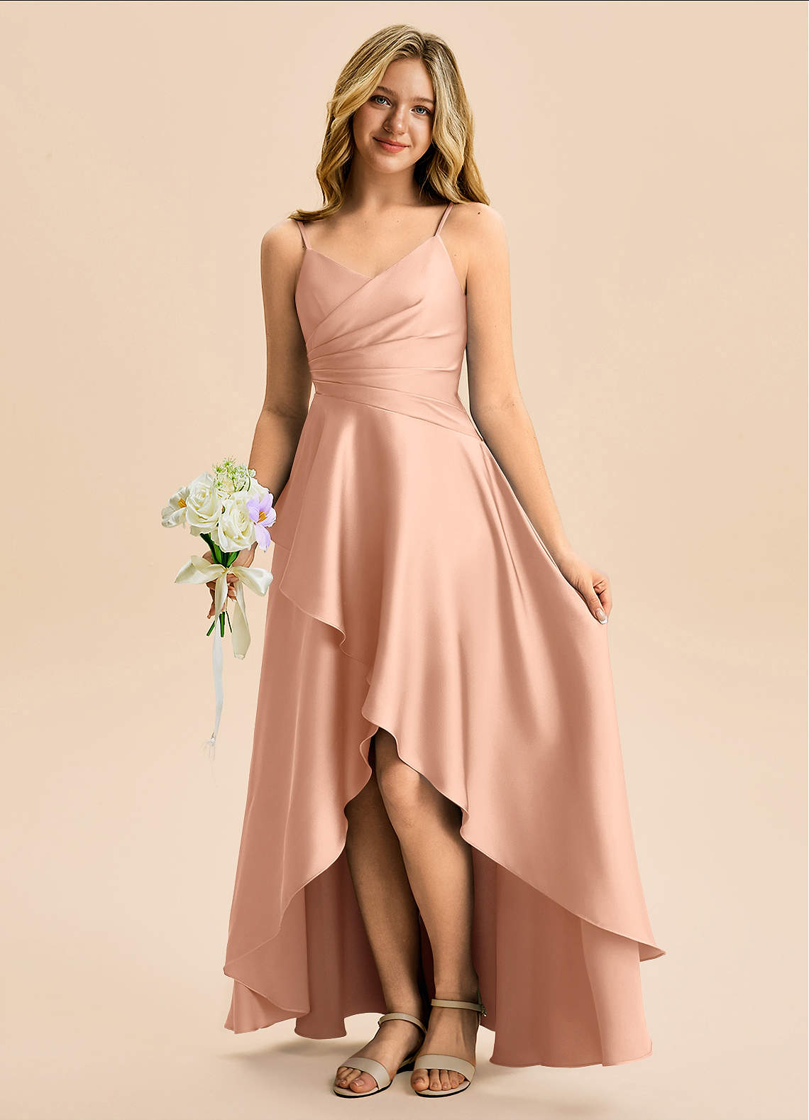 rose gold asymmetrical dress Azazie Eirlys Junior Loosely Fitted Wedding Dresses With Long Sleeves Long Sleeve Crystal A Color:Latte