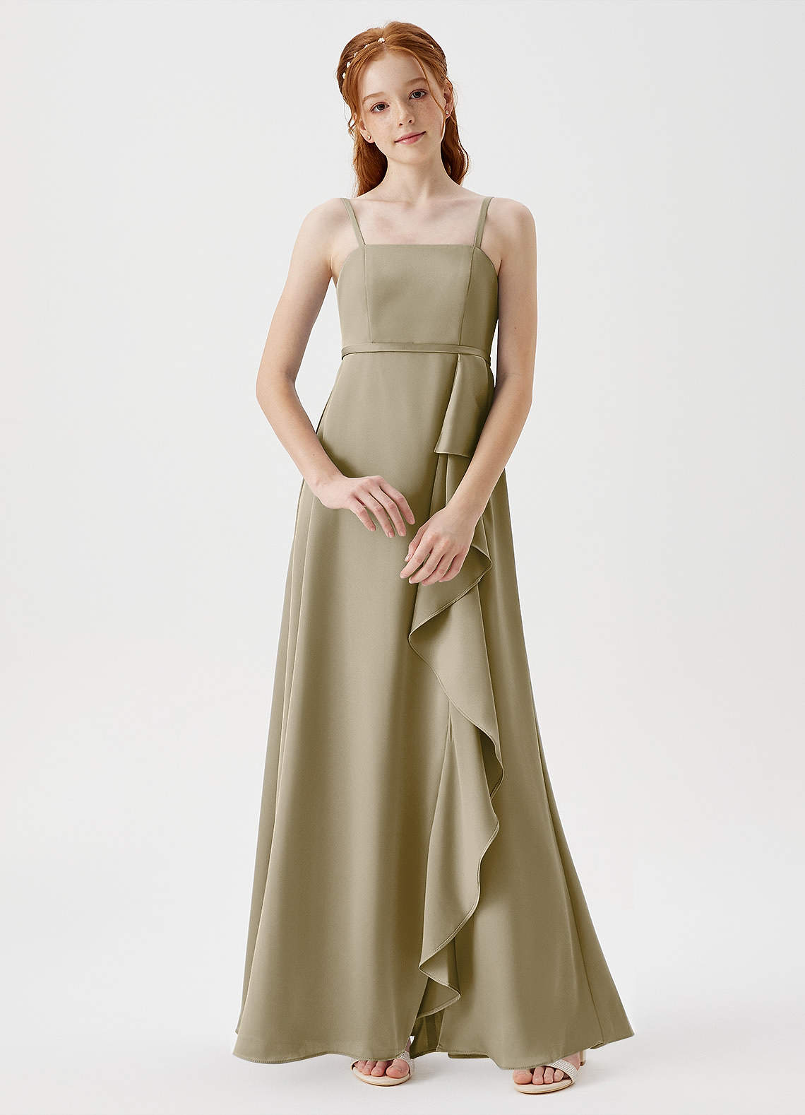 Azazie Kaylee Junior Moss Green A-Line with Belt Stretch Satin Dress image1