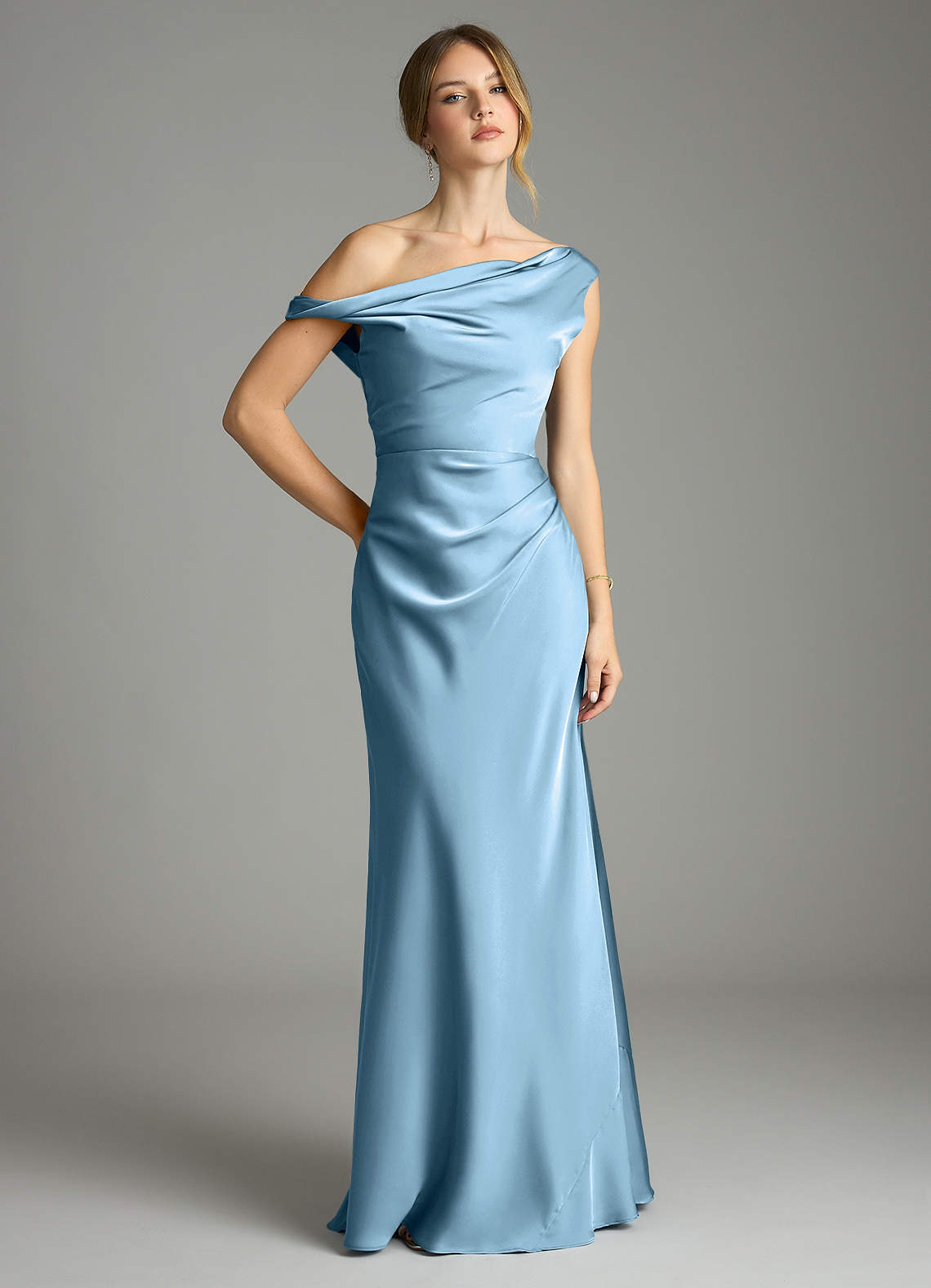Azazie Emerson Bridesmaid Dresses Steel Blue Mermaid Off the Shoulder Stretch Satin Dress image1