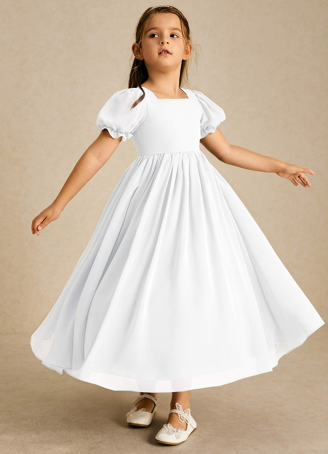 Azazie Joss Flower Girl Dresses White A-Line with Sleeves Chiffon Dress image2