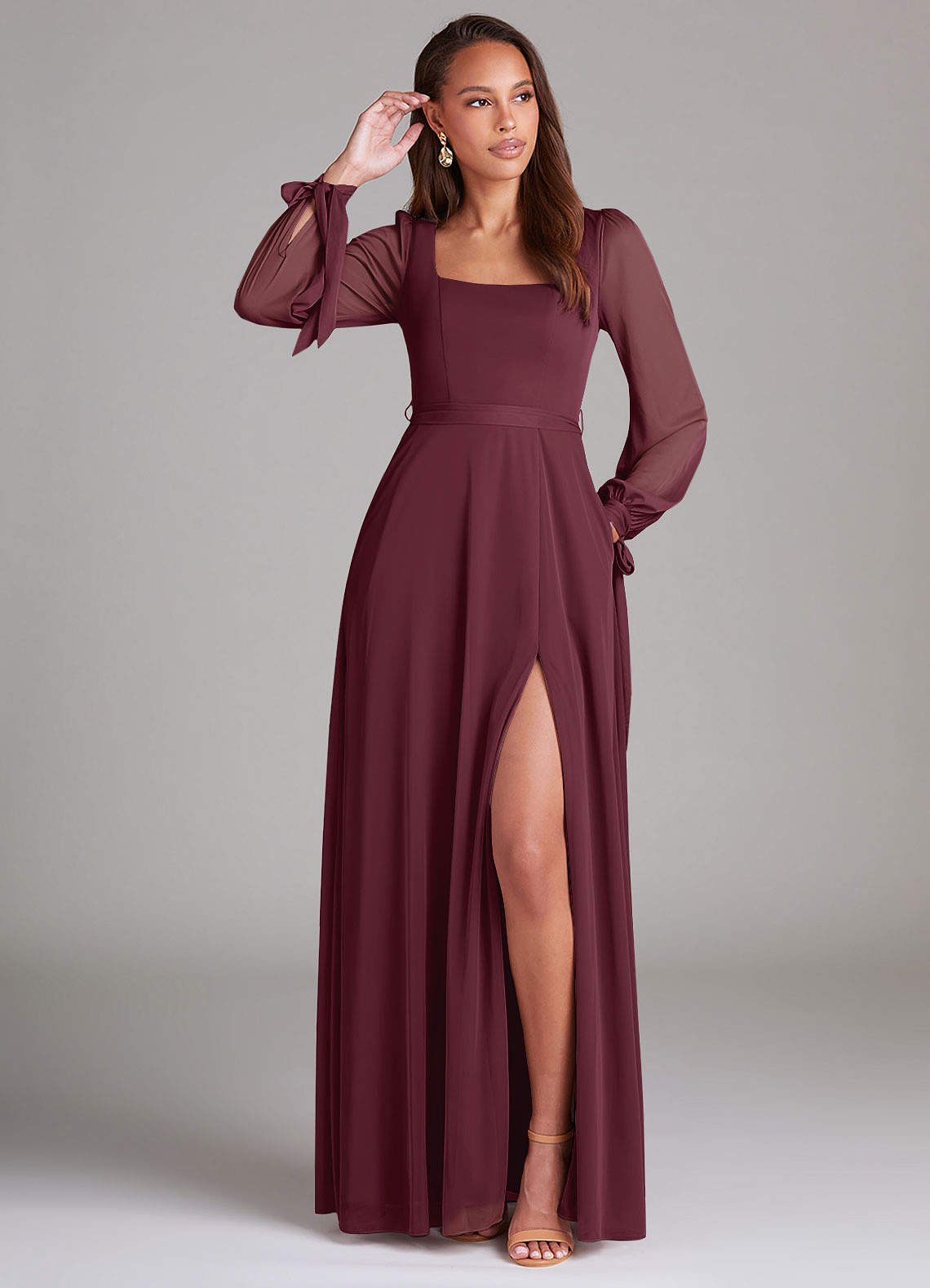 Azazie Leonia Bridesmaid Dresses Cabernet A-Line Long Sleeve Mesh Dress image1