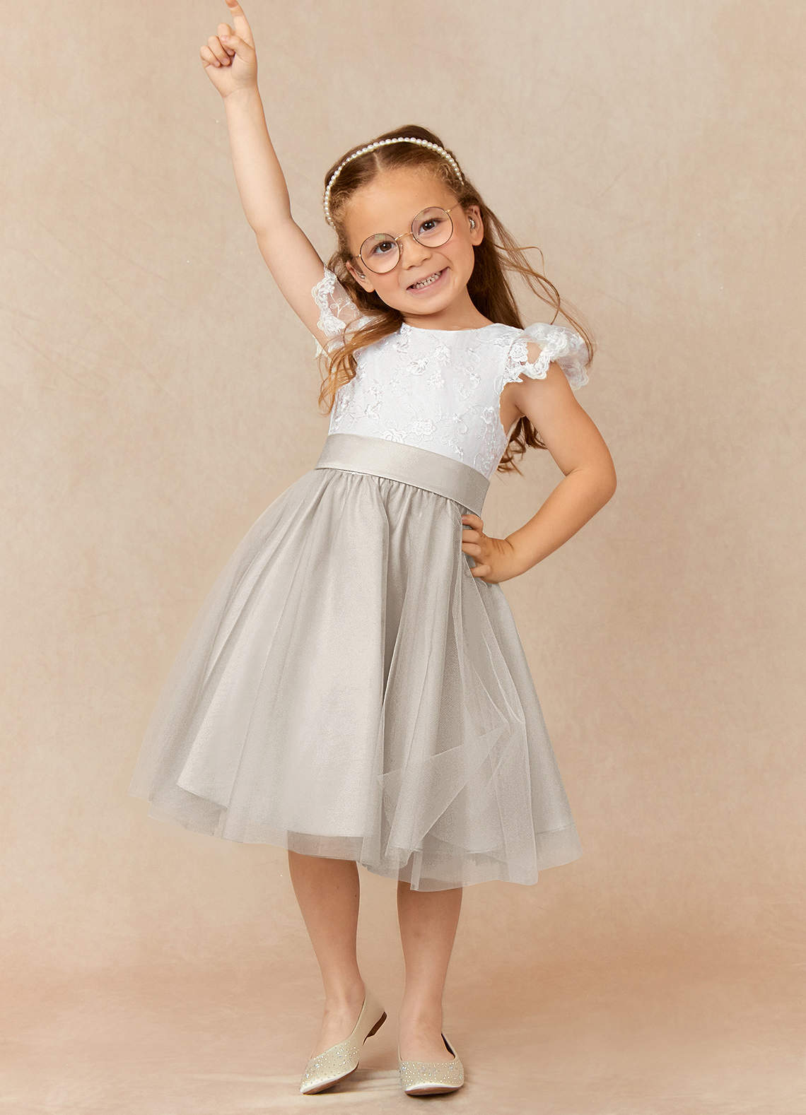 Azazie Vetty Flower Girl Dresses Ivory Frost A-Line Lace Tulle Dress image1