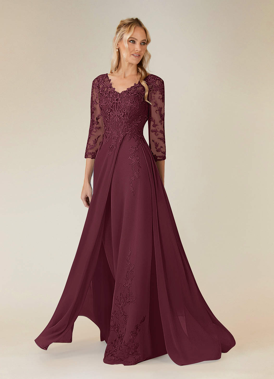 Azazie Noella Mother of the Bride Dresses Cabernet A-Line V-Neck Lace Chiffon Dress image2