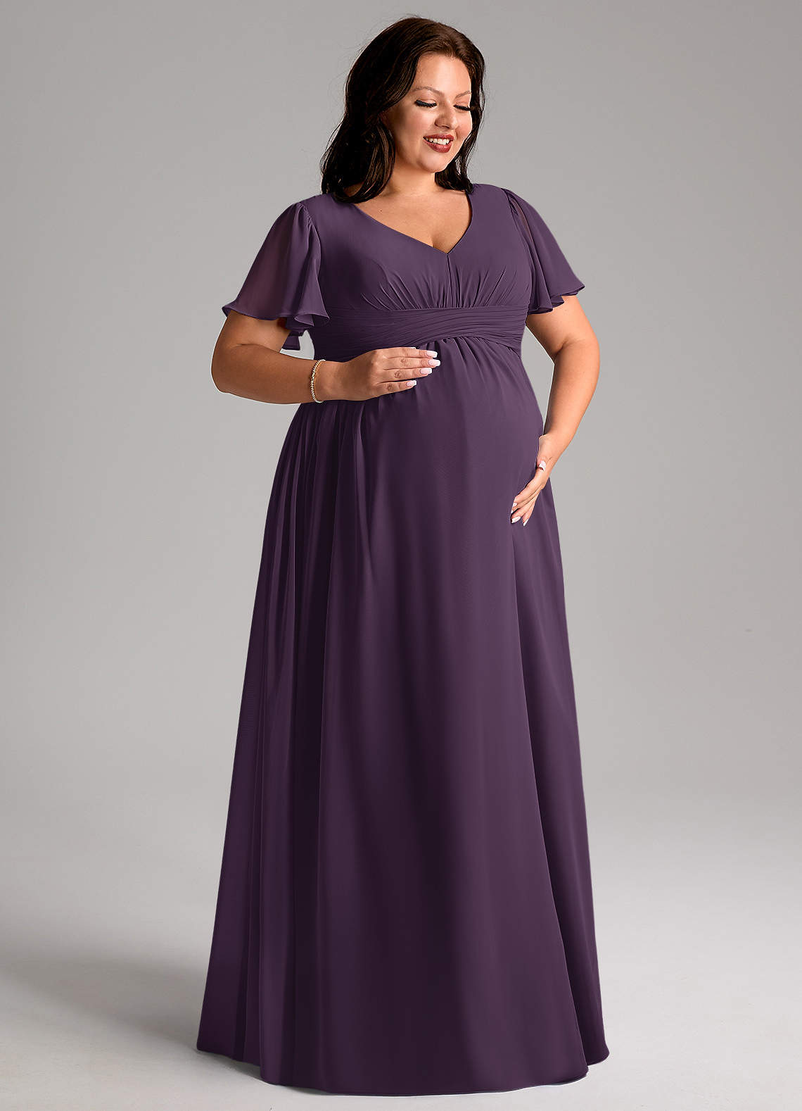 Azazie Plus Size A-Line/Princess V-Neck Floor-Length Chiffon Maternity Bridesmaid Dresses