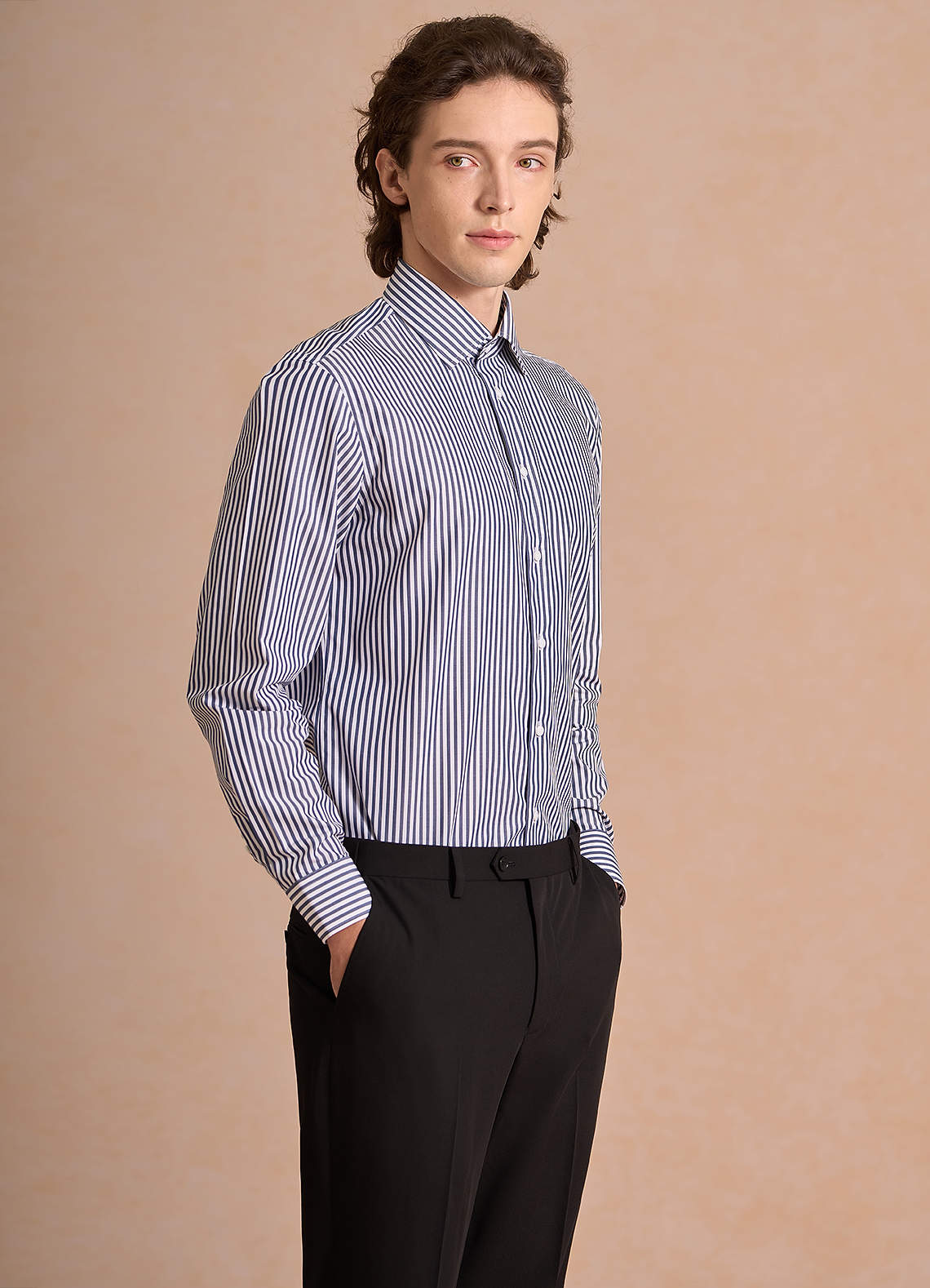 front Aiden White Navy Blue 100% Cotton Non-Iron Striped Dress Shirt