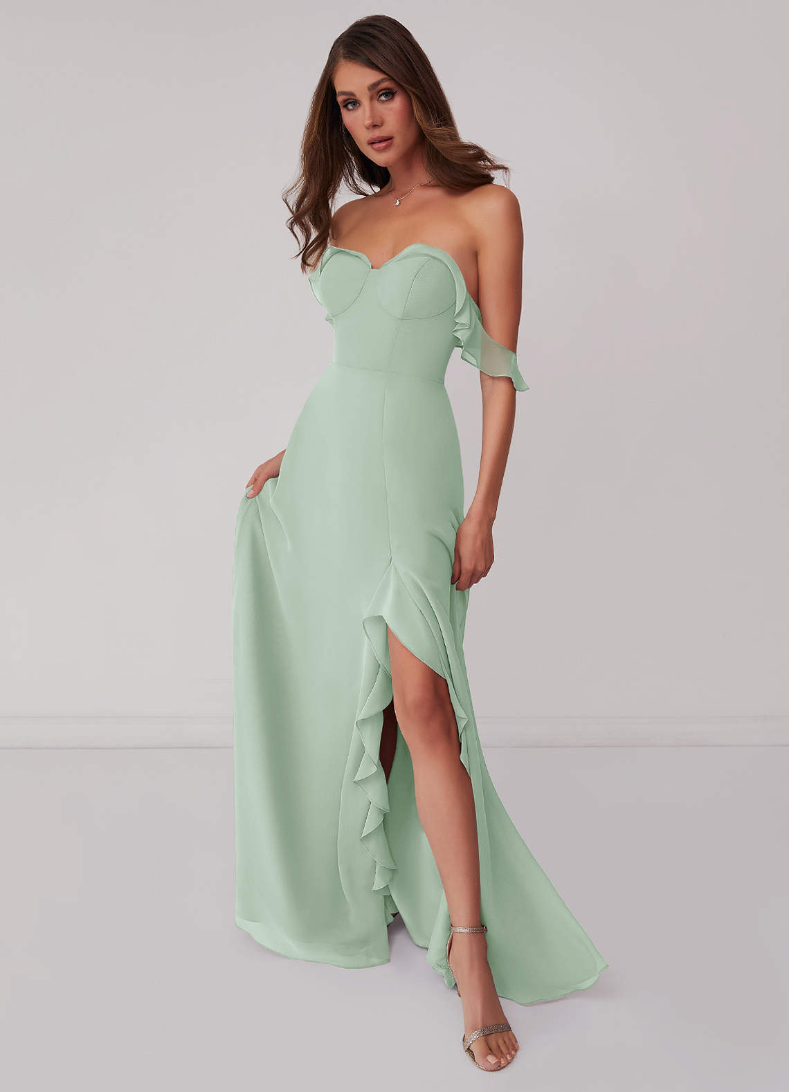 Barbie ♥ Azazie Bridesmaid Dresses Agave A-Line Off the Shoulder Chiffon Convertible Dress image1