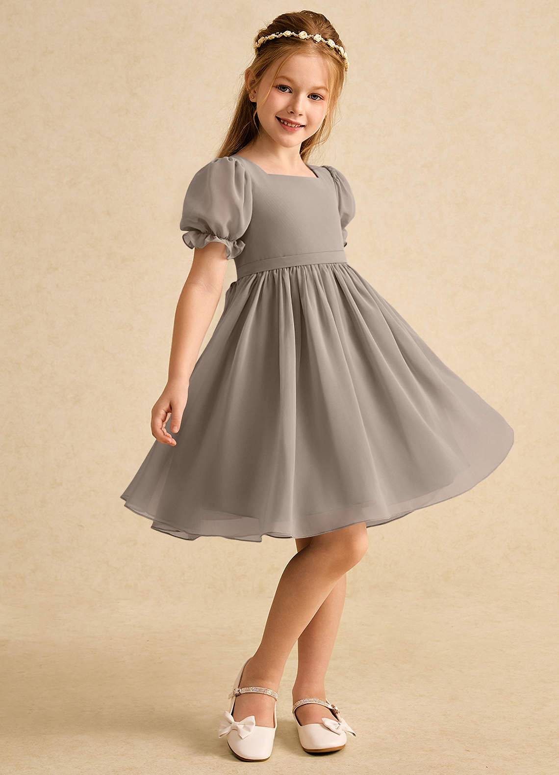 Azazie Jolie vestidos de niña de las flores Vestido de Gris Pardo de Gasa de Corte En A con Con mangas image1