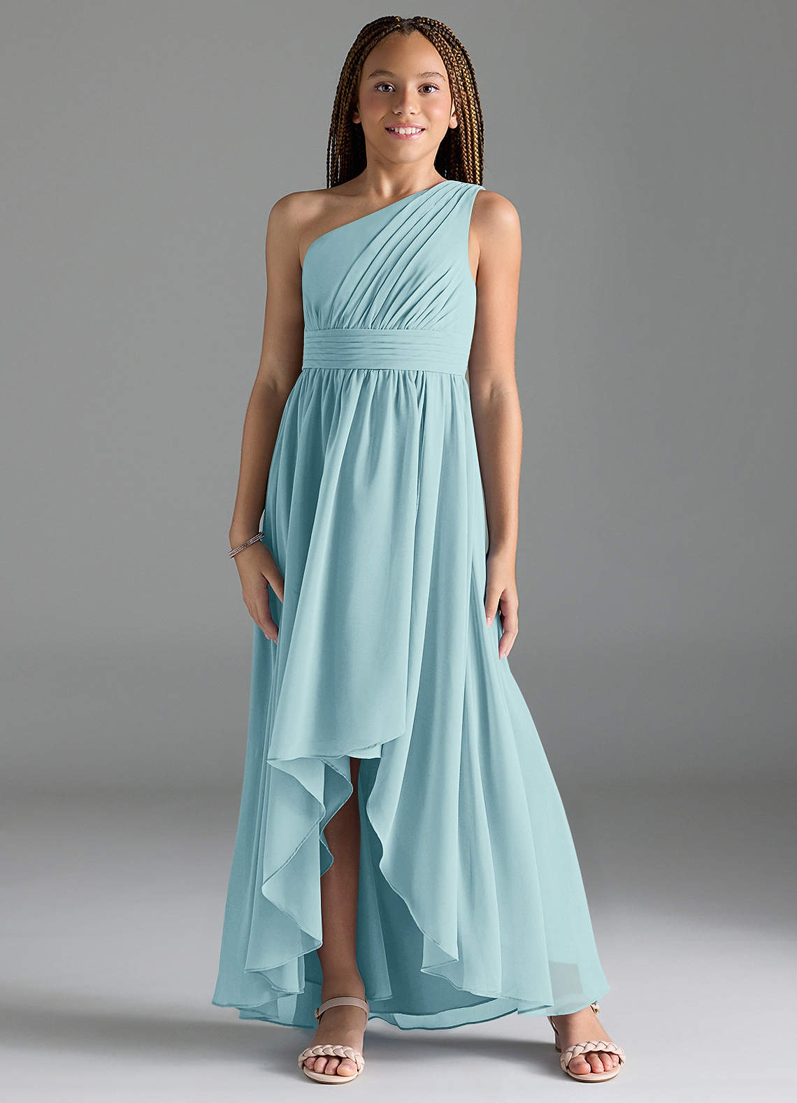 Azazie Mathilda Junior Sea Glass A-Line Pleated Chiffon Dress image1