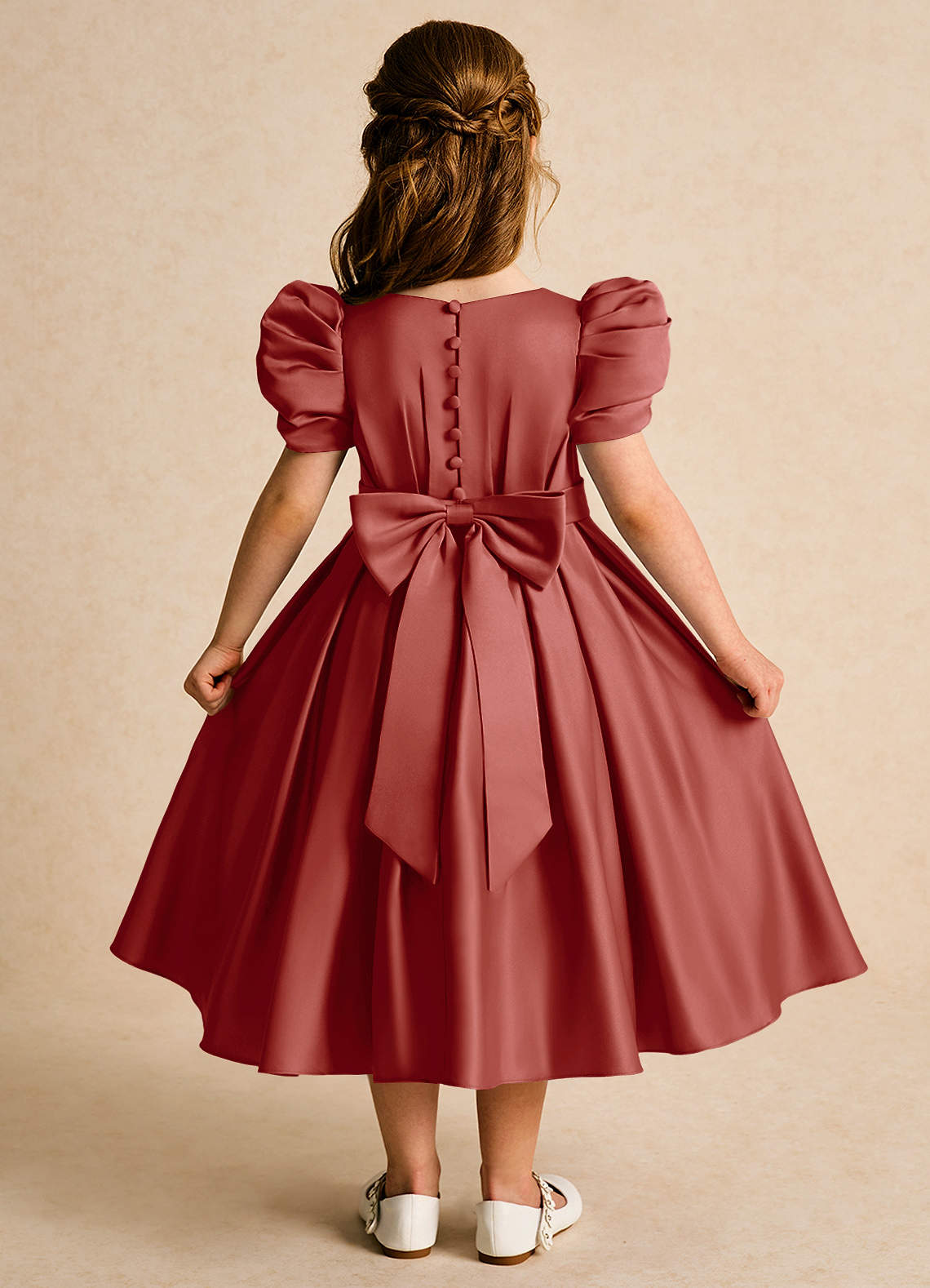 Azazie Miriam Flower Girl Dresses Terracotta Ball-Gown Pleated Matte Satin Dress image1