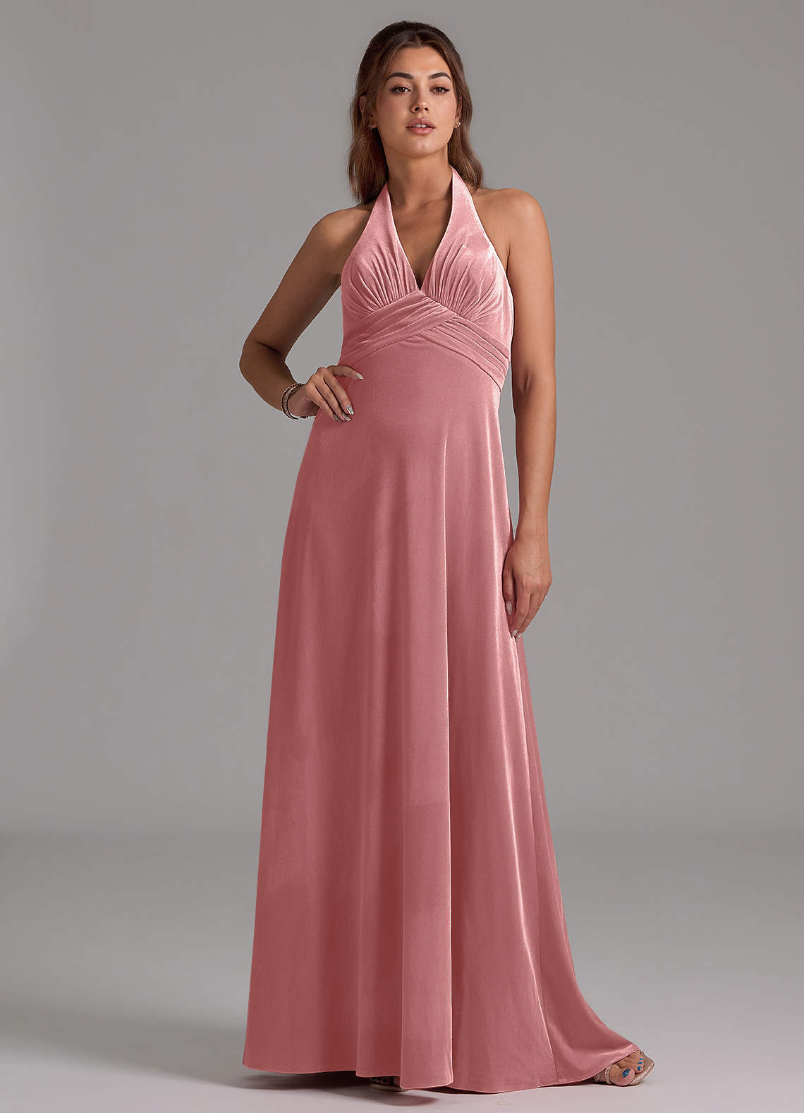 Azazie Tessie Bridesmaid Dresses Dusty Rose A-Line Pleated Velvet Dress image1