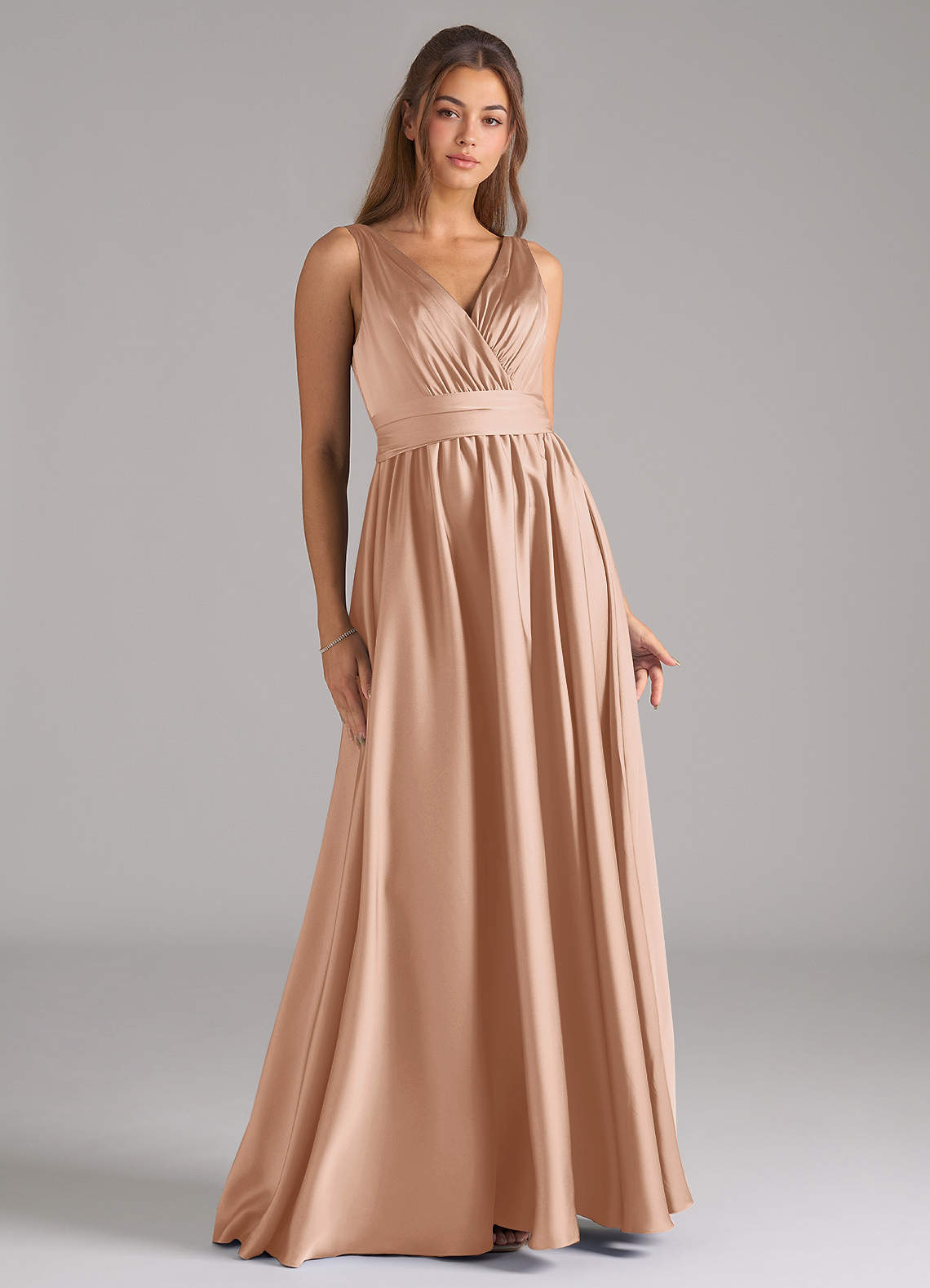Azazie Kora Bridesmaid Dresses English Rose A-Line Pleated Stretch Satin Dress image1