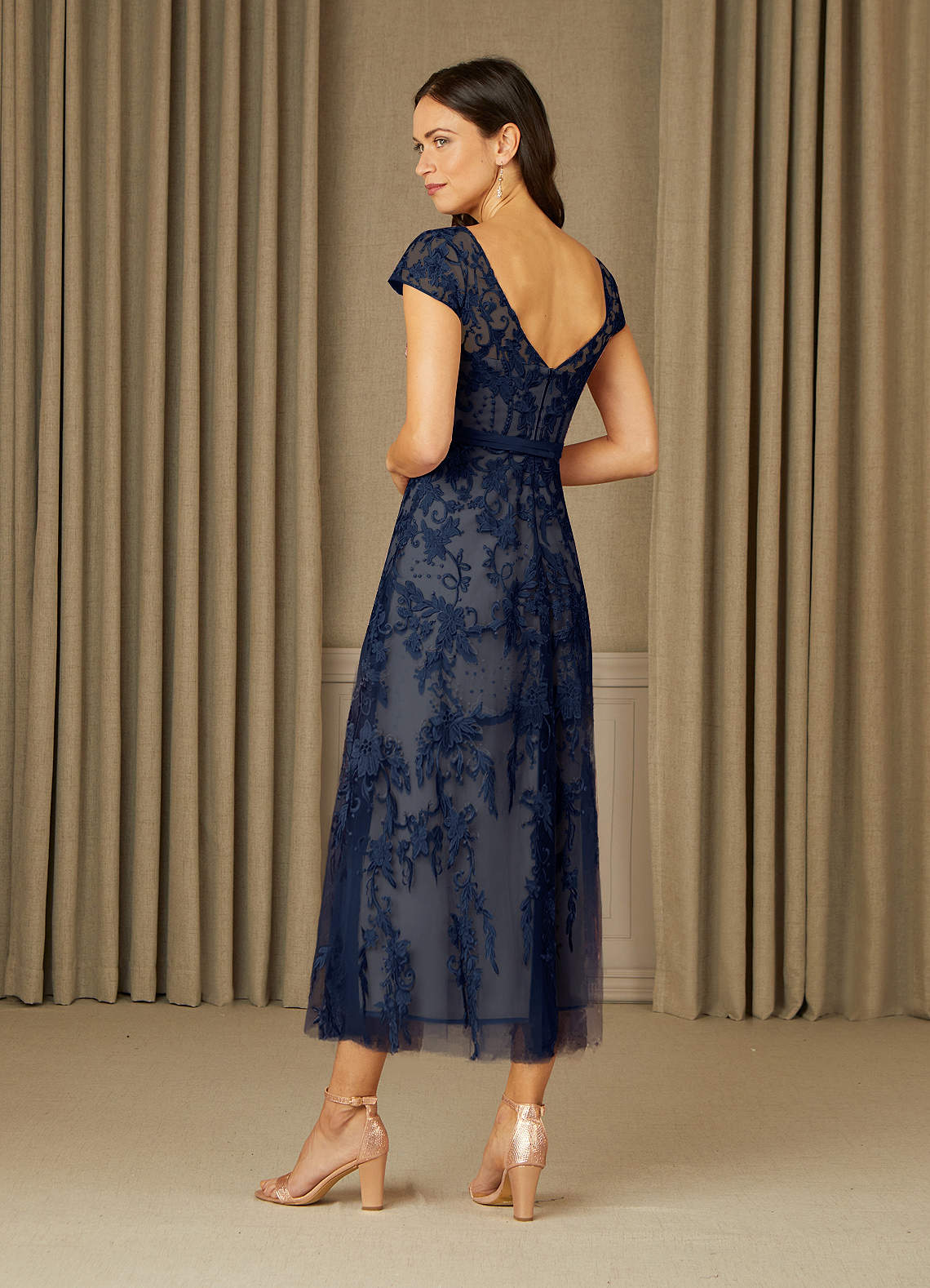 Azazie Sanna Mother of the Bride Dresses Dark Navy Champagne A-Line Scoop Lace Tulle Dress image3