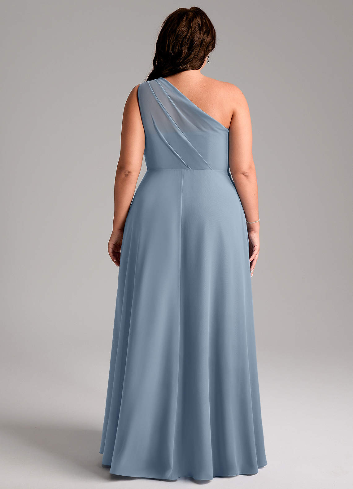 Azazie Phaedra Vestidos de damas de honor Vestido de Azul Polvoriento de Gasa de Corte en A con Hombro unilateral image1