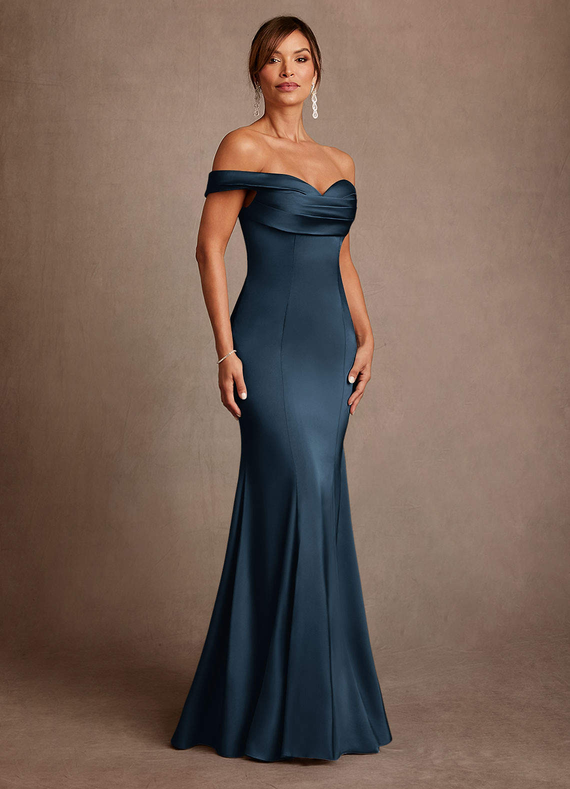 Azazie Boone Dark Navy Mermaid Off the Shoulder Stretch Satin