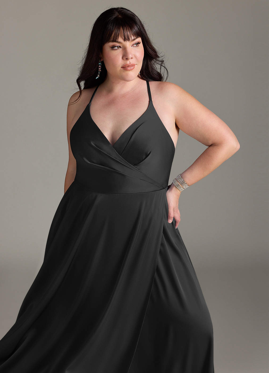 Azazie Plus Size A-Line V-Neck Floor-Length Stretch Satin Bridesmaid Dresses - Black