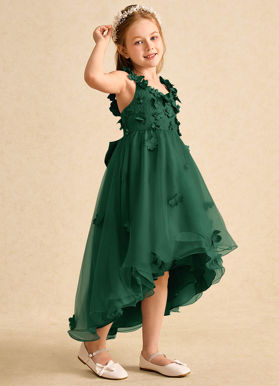 Azazie Tweety Flower Girl Dresses Dark Green A-Line Lace Tulle Dress image1
