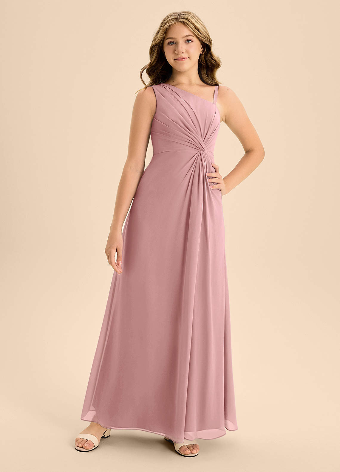 Azazie Brooke Junior Vestido de Rosa Polvorienta de Gasa de Corte en A con Corte Lateral image3