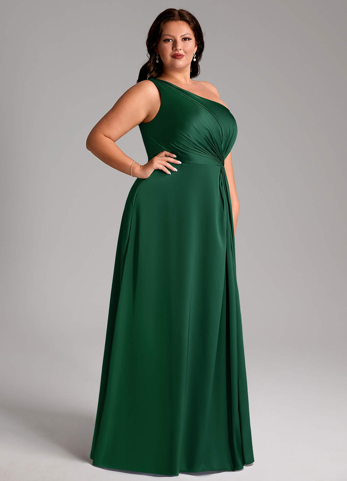 Azazie Brooke Vestidos de damas de honor Vestido de Verde Oscuro de Satén Elástico de Corte en A con Hombro unilateral image9